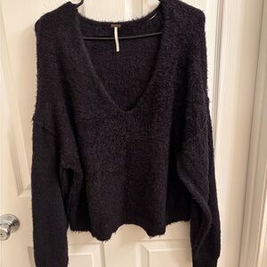 Free People Black Fuzzy V-Neck Sweater